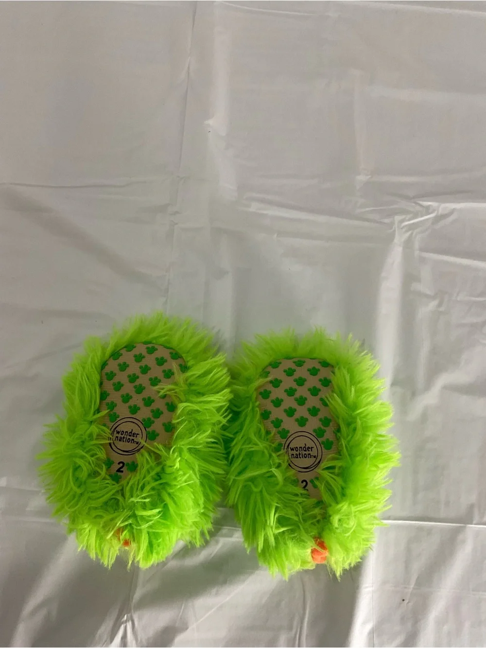 wonder nation Neon Green and Orange Fuzzy Monster Slippers. Size 2  and size 3.